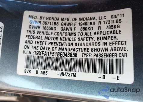 2011 Honda Civic Lx z USA, uszkodzony, nr VIN 19XFA1F51BE048858